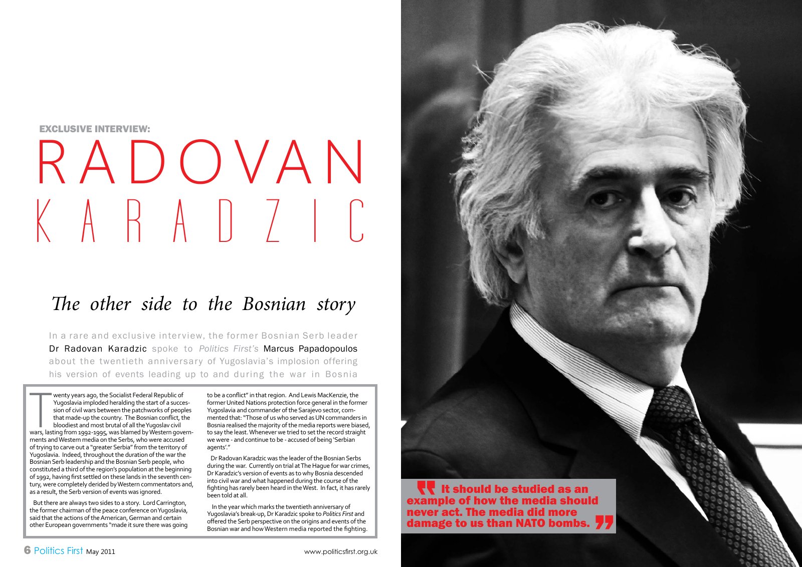 Opening spread of the interview in Politics First, May 2011